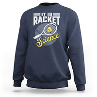 Navy sweatshirt with tennis racket science graphic and ribbed cuffs.