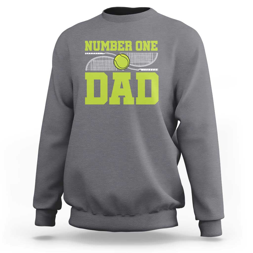 Tennis dad crewneck sweatshirt in heather gray with “Number One Dad” graphic