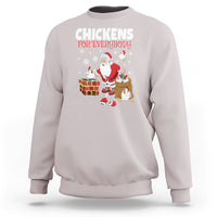 Ice gray Christmas sweatshirt with 'CHICKENS FOR EVERYBODY' Santa and chickens graphic.