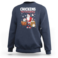 Navy Christmas sweatshirt with 'CHICKENS FOR EVERYBODY' Santa and chickens graphic.