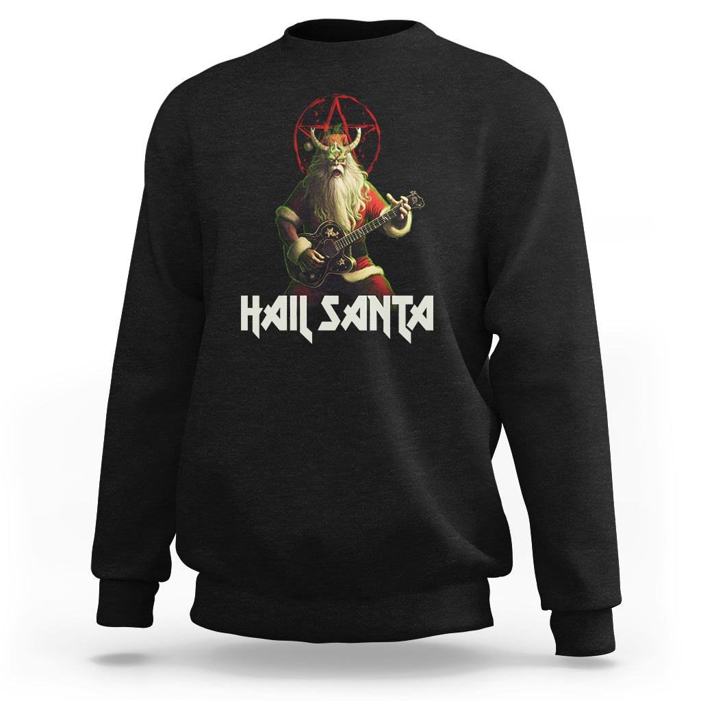Black heavy metal style sweatshirt with Santa guitarist graphic on front.