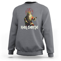 Charcoal gray heavy metal sweatshirt with Santa guitarist graphic and red emblem.