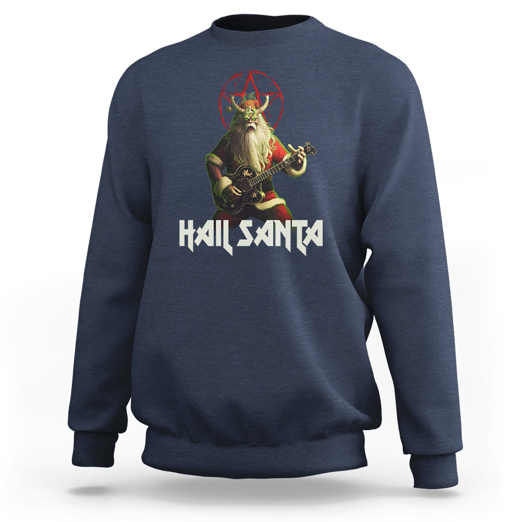 Navy heavy metal sweatshirt with Santa playing guitar and red emblem graphic.