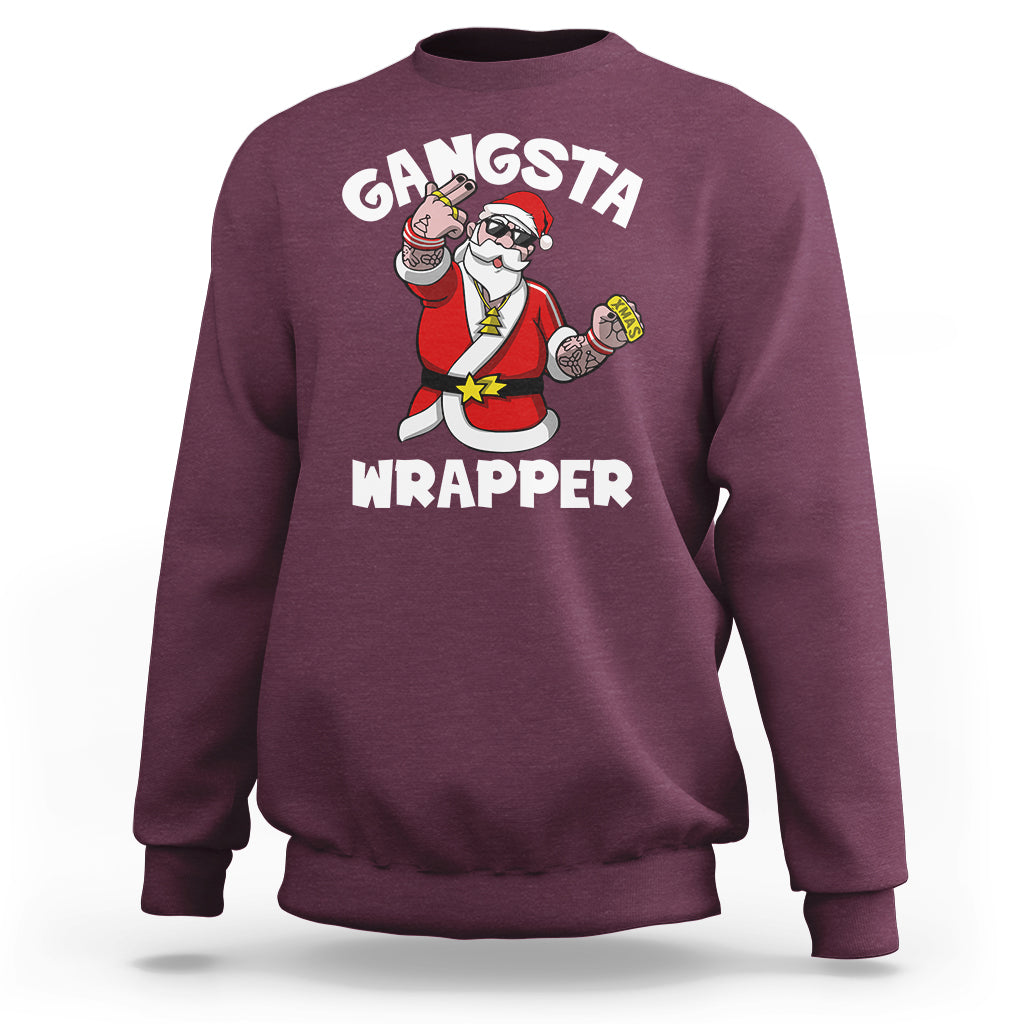 Maroon crewneck sweatshirt with 'Gangsta Wrapper' Santa rapper graphic
