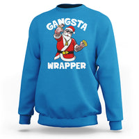 Teal crewneck sweatshirt with 'Gangsta Wrapper' Santa rapper graphic