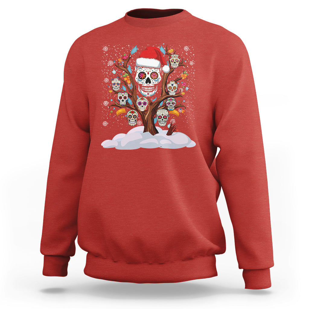 Red Christmas sweatshirt with sugar skull tree graphic, red hat, and white snow cloud