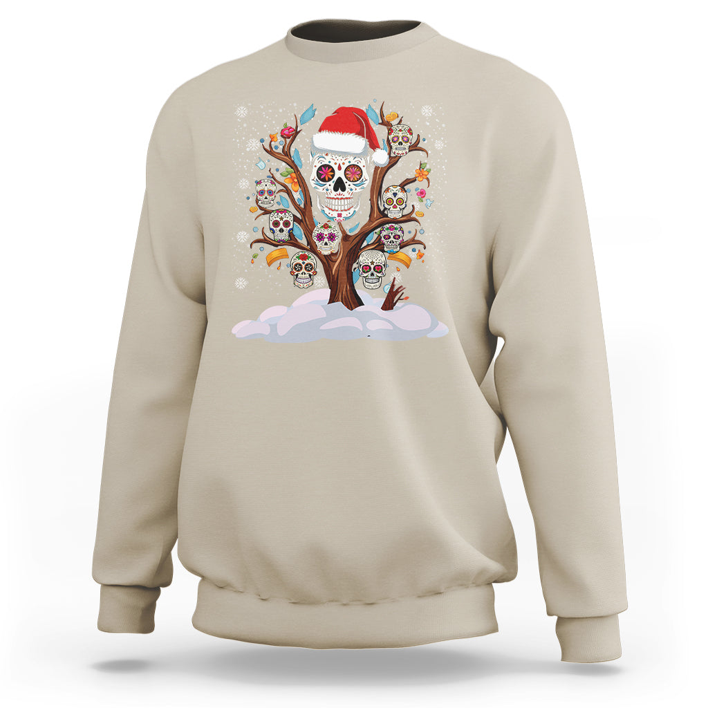 Sand Christmas sweatshirt featuring sugar skull tree graphic with red hat and snow cloud