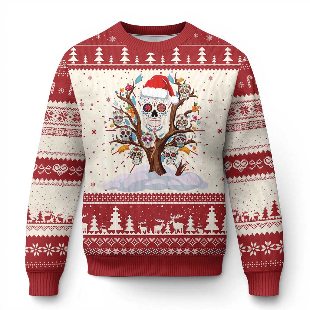 Red and cream ugly Christmas sweater with sugar skull tree graphic and festive pattern