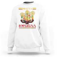 White crewneck sweatshirt with colorful Happy Kwanzaa candle graphic print