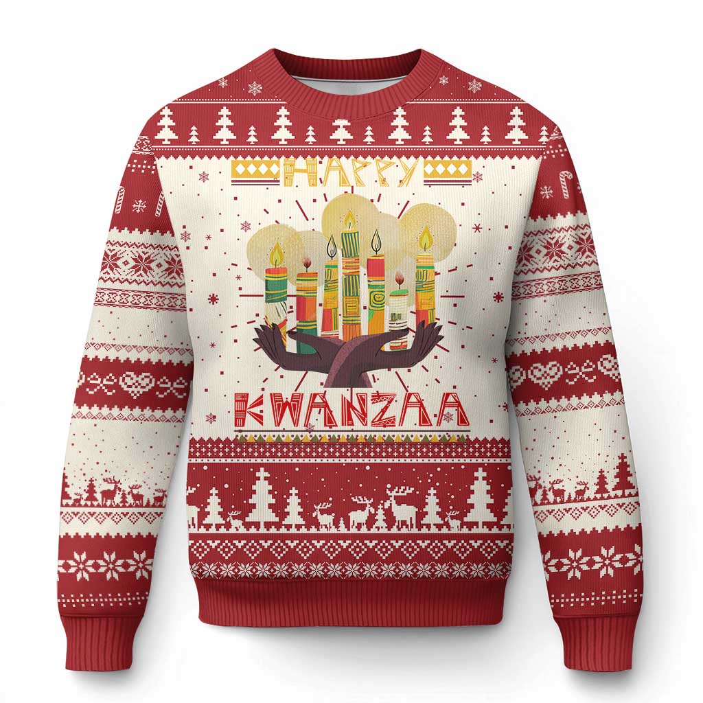Kwanzaa-themed ugly Christmas sweater in red and cream with candle graphic and tree borders