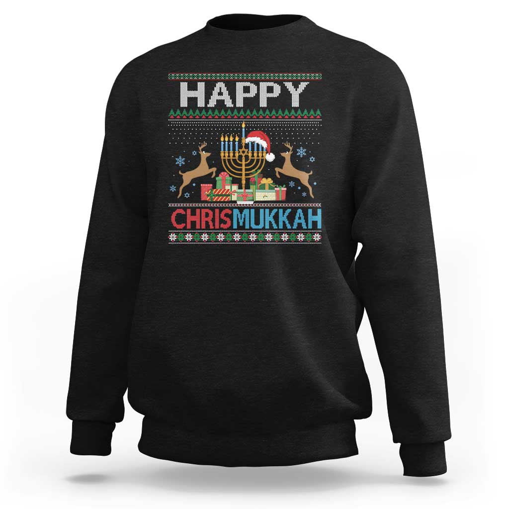 Black crewneck sweatshirt with “Happy Chrismukkah” graphic, menorah and reindeer