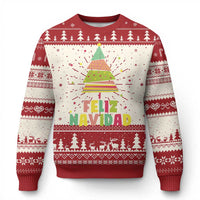 Red and cream Christmas sweater with tree graphic and 'Feliz Navidad' text