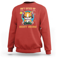 Red sweatshirt with cat gamer graphic and 'Right Meow' text
