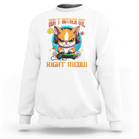 White sweatshirt with cat gamer graphic and 'Right Meow' text