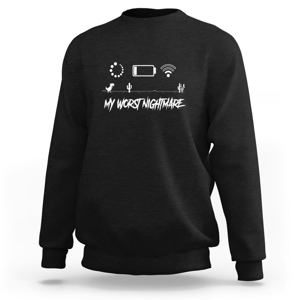 Black gamer power sweatshirt with WiFi loading graphic and 'My Worst Nightmare' text