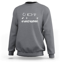 Charcoal gamer power sweatshirt with WiFi loading graphic and 'My Worst Nightmare' text