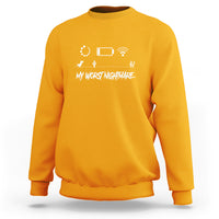 Gold gamer power sweatshirt with WiFi loading graphic and 'My Worst Nightmare' text