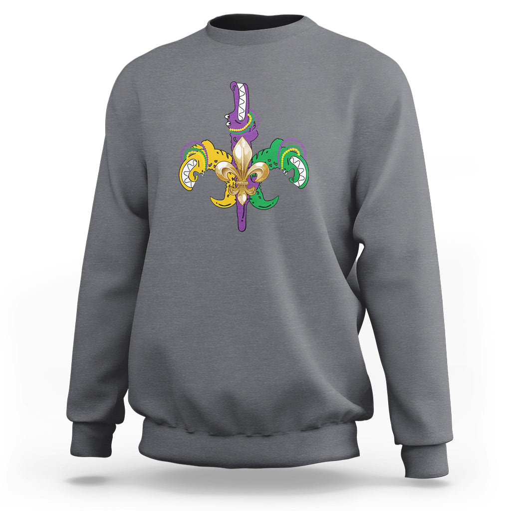 Charcoal crewneck sweatshirt with colorful Mardi Gras fleur-de-lis graphic on chest
