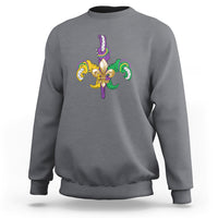 Charcoal crewneck sweatshirt with colorful Mardi Gras fleur-de-lis graphic on chest