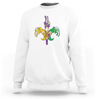 White crewneck sweatshirt with colorful Mardi Gras fleur-de-lis graphic on chest