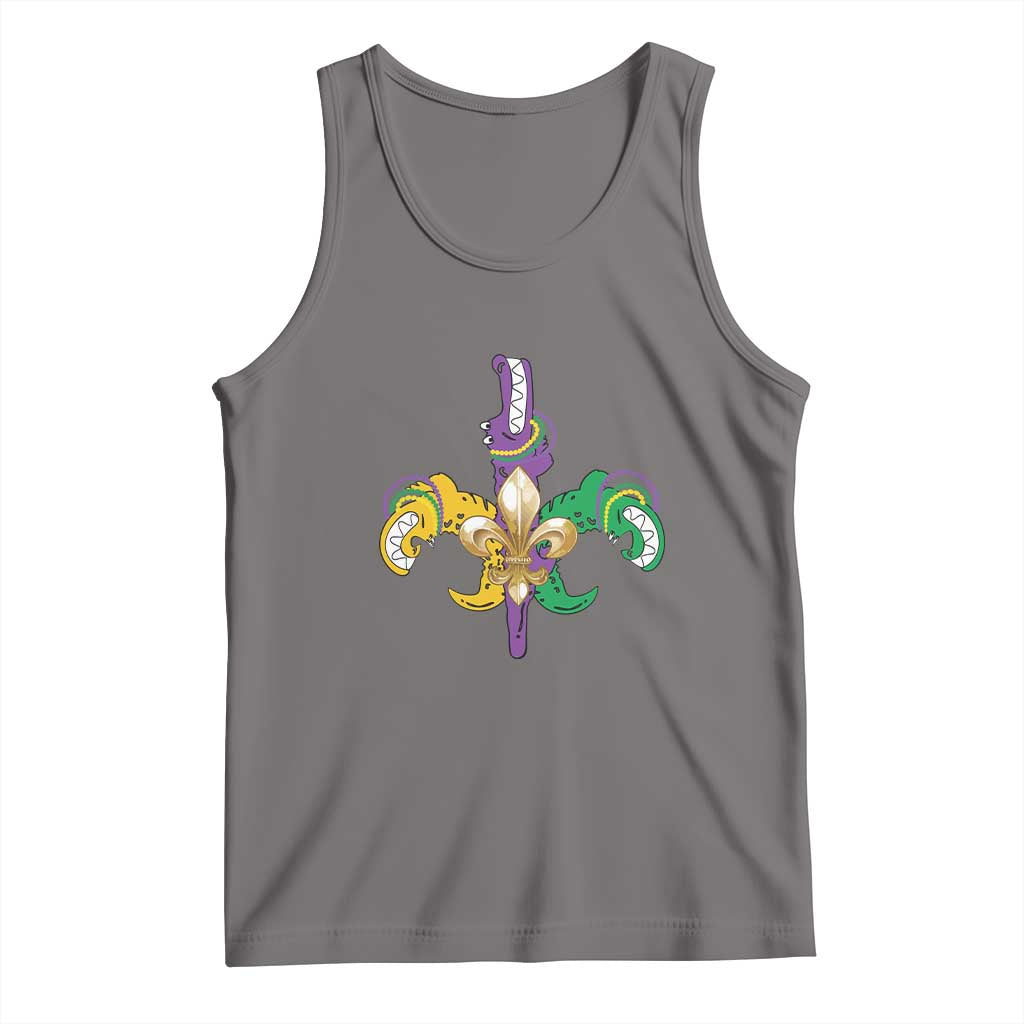 Gray tank top with colorful fleur-de-lis and cartoon alligator graphic