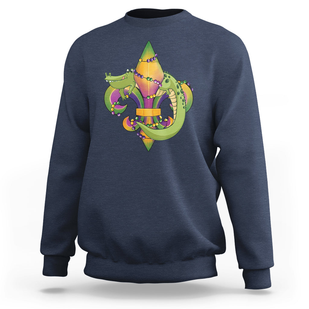 Alligator crocodile fleur-de-lis sweatshirt in navy blue, front graphic