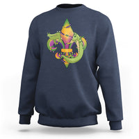 Alligator crocodile fleur-de-lis sweatshirt in navy blue, front graphic
