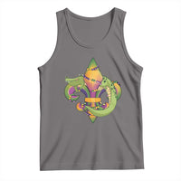 Gray sleeveless tank top with colorful alligator and fleur-de-lis Mardi Gras graphic