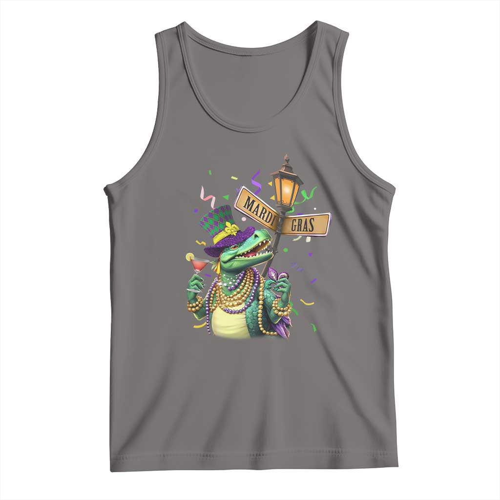 Gray bead dinosaur Mardi Gras tank top with colorful bead necklace and lantern graphic