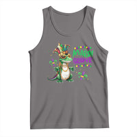 Gray beaded dinosaur tank top with Mardi Grawr Gras graphic, scoop neck