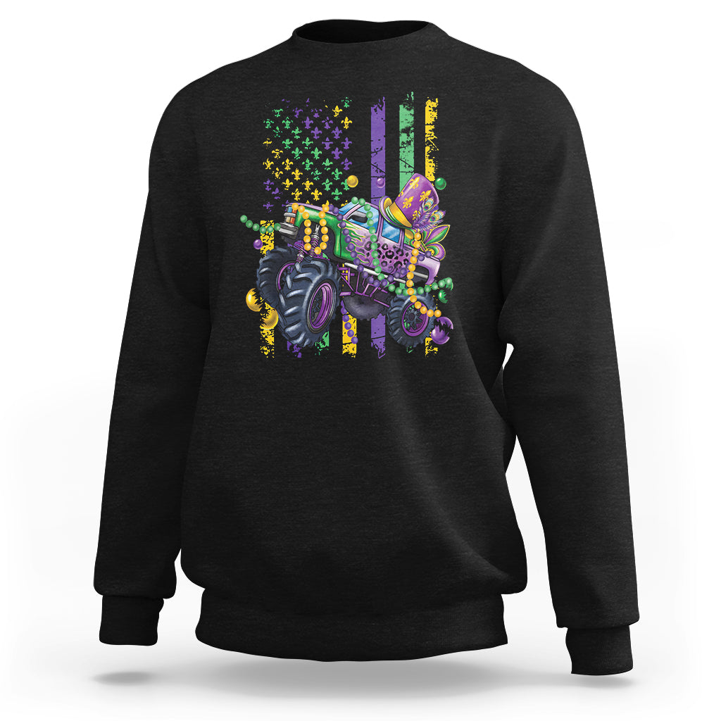Black monster truck graphic sweatshirt with Mardi Gras beads and confetti flag print