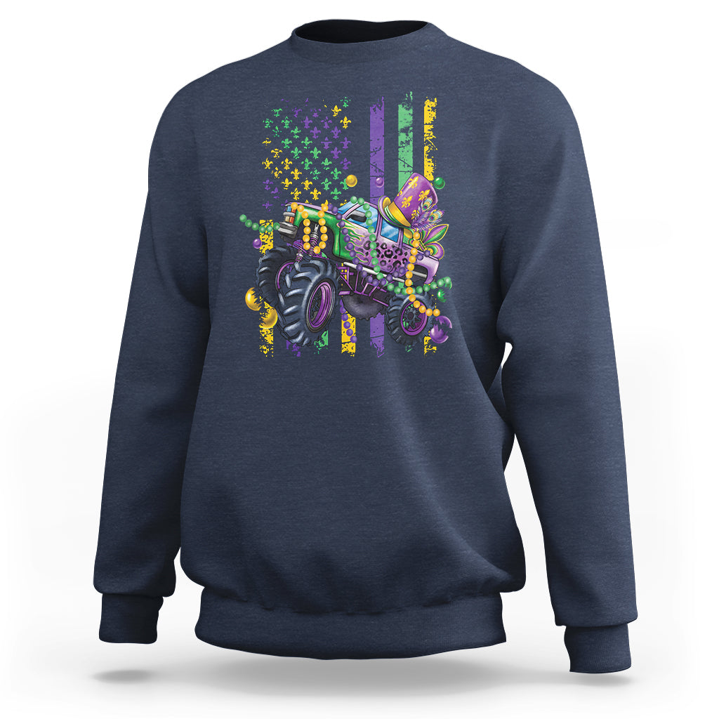 Navy monster truck graphic sweatshirt with Mardi Gras beads and confetti flag print