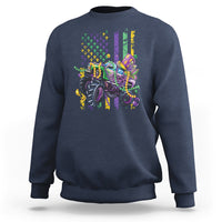 Navy monster truck graphic sweatshirt with Mardi Gras beads and confetti flag print