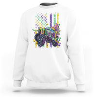 White monster truck graphic sweatshirt with Mardi Gras beads and confetti flag print