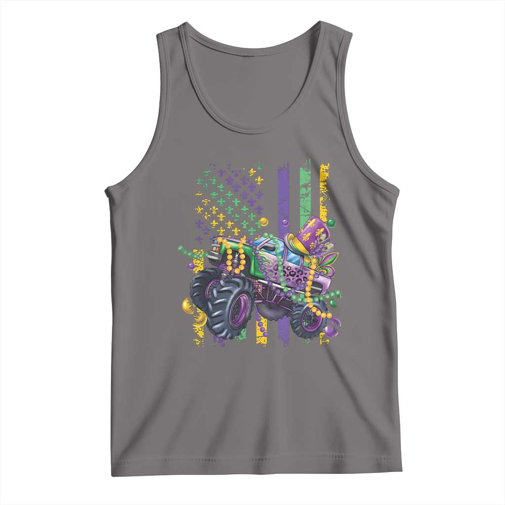 Dark heather gray sleeveless tank top with colorful monster truck graphic