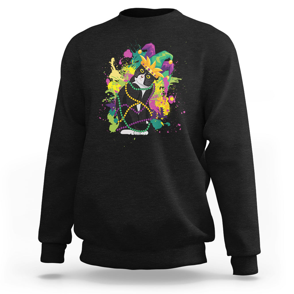 Mardi Gras Funny Tuxedo Cat Meme Beads Sweatshirt - Wonder Print Shop