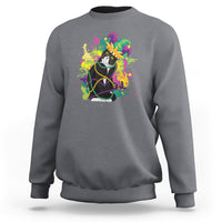 Charcoal crewneck sweatshirt with colorful Mardi Gras cat bead graphic