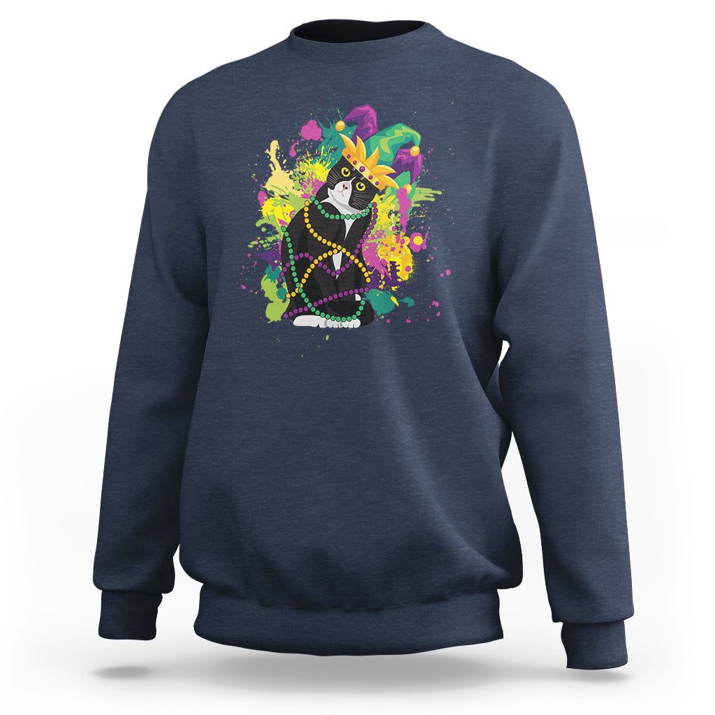 Navy crewneck sweatshirt with colorful Mardi Gras cat bead graphic
