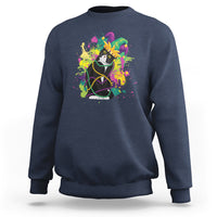 Navy crewneck sweatshirt with colorful Mardi Gras cat bead graphic