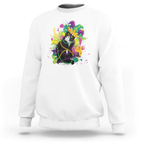 White crewneck sweatshirt with colorful Mardi Gras cat bead graphic