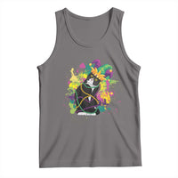 Heather gray sleeveless tank top with colorful Mardi Gras cat graphic