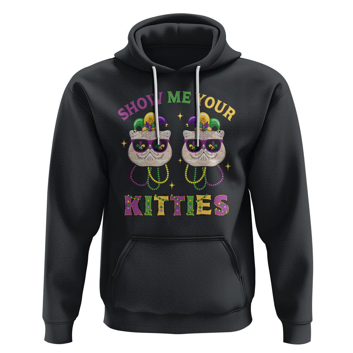 Mardi Gras Hoodie Show Me Your Kitties Cute Cat Masked Jester Hat Bead - Wonder Print Shop