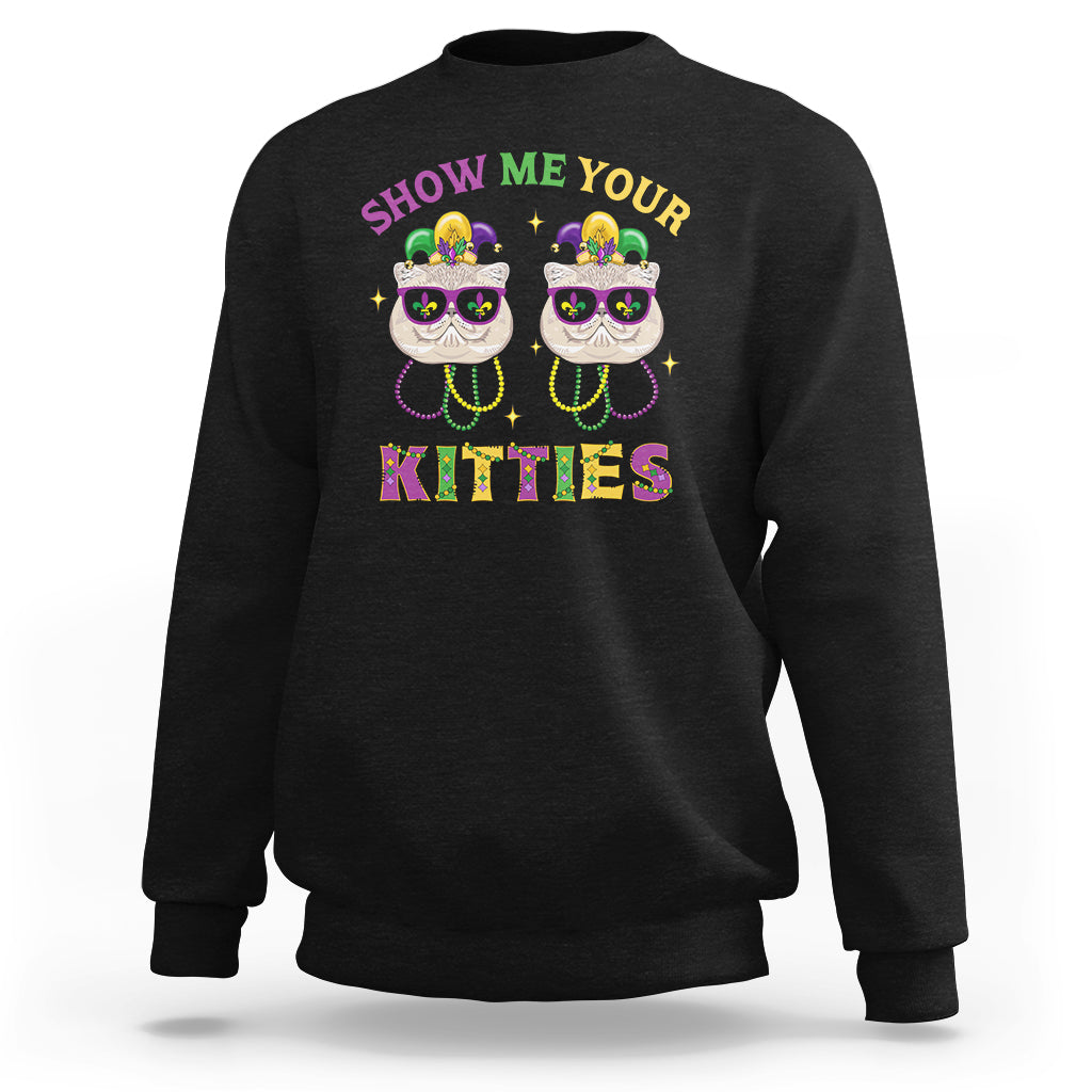 Black crewneck sweatshirt with cat jester mask graphic and 'Show me your KITTIES' text