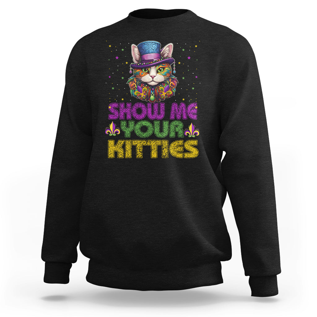 Black sweatshirt with colorful jester cat graphic and “Show Me Your Kitties” text
