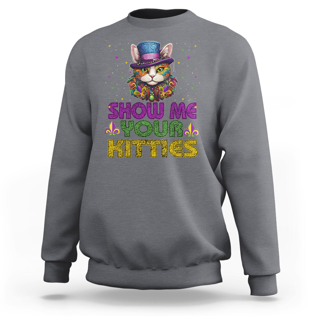 Charcoal gray sweatshirt with colorful jester cat graphic and “Show Me Your Kitties” text