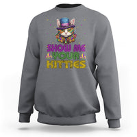 Charcoal gray sweatshirt with colorful jester cat graphic and “Show Me Your Kitties” text