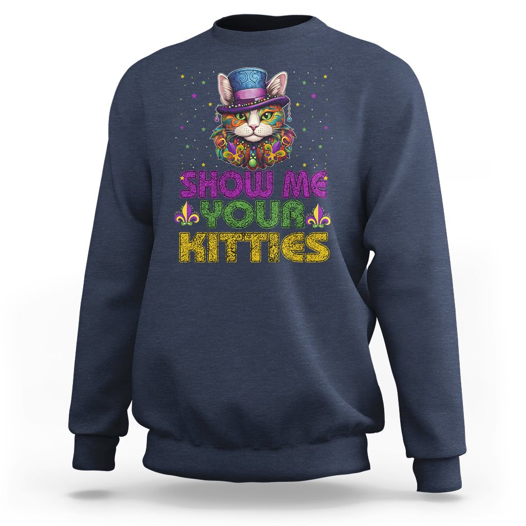Navy sweatshirt with colorful jester cat graphic and “Show Me Your Kitties” text