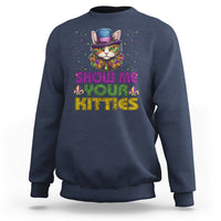 Navy sweatshirt with colorful jester cat graphic and “Show Me Your Kitties” text