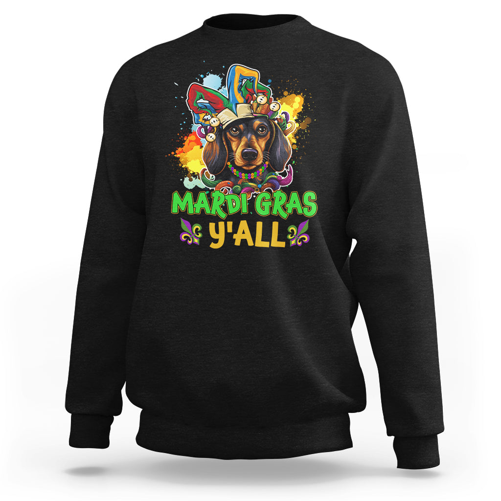 Black sweatshirt with colorful Mardi Gras dachshund graphic and beads text 'Mardi Gras Y'All'