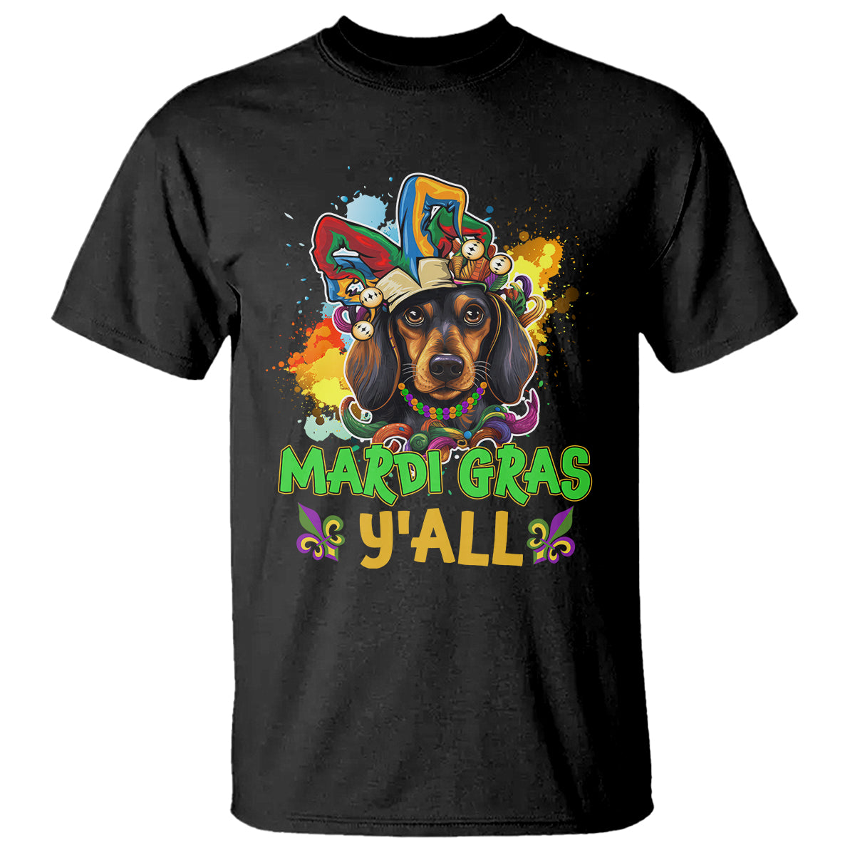 Mardi Gras Y'all Dachshund Dog With Beads Colorful T Shirt - Wonder Print Shop